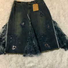 Ladies Handmade Crafted Denim Skirt By Panzia Jeans Size Large New With Tags Waist Is 32”. Plenty Of Stretch And Beautiful Detailing Denim Skirt Jeans For Spring, Spring Dark-wash Denim Skirt, Spring Denim Lined Skirt, Dark Wash Skirt For Spring, Denim Skirt For Fall In Blue, Fall Blue Denim Skirt, Blue Denim Skirt For Fall, Fall Denim Skirt With Lined Detail, Denim Lined Skirt In Dark Wash