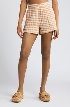 Feel the breeze in these checked elastic-waist shorts crafted from lightweight gauzy cotton that lends texture to your ensemble. Elastic waist 100% cotton Machine wash, line dry Imported Casual Gingham Bottoms With Elastic Waistband, Cotton Bottoms For Beach Season Daywear, Plaid Cotton Shorts For Day Out, Plaid Beach Bottoms For Spring, Plaid Bottoms For Beach In Spring, Casual Plaid Pajama Shorts With Elastic Waistband, Gingham Cotton Shorts For Day Out, Summer Plaid Bottoms For Day Out, Elastic Waistband Shorts For Beach Daywear