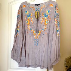 Cute Embroidery Tunic By Andree By Unit. 1x Perfect For Summer. Lightweight Fabric With Gorgeous Embroidery! Bohemian Embroidered Fabric For Spring, Bohemian Floral Embroidered Fabric For Spring, Bohemian Multicolor Embroidered Fabric For Spring, Spring Bohemian Multicolor Embroidered Fabric, Black Tunic Tops, Tunic Style Tops, Tie Dye Tunics, Velvet Blouses, Cute Embroidery