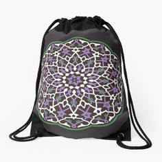 a black drawsack bag with purple and green designs on the front, sitting against a white background