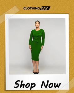 New Button Draw Pleated Pencil Dress Fitted Bodycon Dress With Buttons For Work, Elegant Buttoned Bodycon Dress For Work, Elegant Bodycon Dress With Buttons For Work, Elegant Bodycon Dress With Button Closure For Work, Chic Green Bodycon Dress For Work, Green Midi Dress With Button Closure For Work, Pencil Dress, Shop Now, Pencil