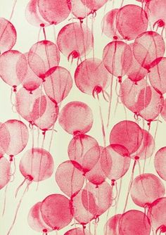 pink balloons floating in the air on a white background with red ink and watercolor