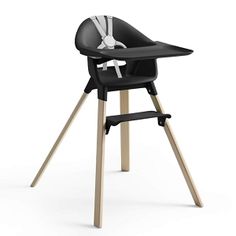 a black high chair with wooden legs