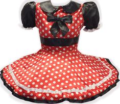 "♥Minnie Mouse♥ CUSTOM MADE TO FIT YOU  Dress Details: *Made from red satin with white polka dots and black charmeuse satin *Trimmed with satin ribbon trim *Black satin peter pan collars *Elasticized sleeve ends for best fit *Full circle skirt trimmed with black and white satin ribbon *22\" back zipper closure *Displayed over a mini hoop skirt which is not included *Please allow between 4-8 weeks for delivery *Note: Actual fabric shade, lace pattern style and size, and other trims may vary slightly from the pictures Your measurements are needed for this item CLICK HERE for \"How to Measure\" info and to send your measurements For important ordering information and all the details CLICK HERE" Fitted Polka Dot Dress For Costume Party, Red Fitted Minnie Mouse Dress, Fun Red Minnie Mouse Top, Red Minnie Mouse Short Sleeve Top, Playful Short Sleeve Minnie Mouse Dress, Playful Cotton Dress With Minnie Mouse Details, Playful Minnie Mouse Dress-up Dress, Peter Pan Collars, Pink Slippers