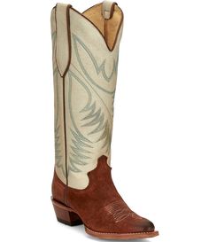 From Justin Boots&#x2C; the Clara Leather Western Boots feature: Leather upper Slip-on closure Leather liningLeather outsole Approx. 15" shaft height Approx. 15" shaft circumference Approx. 1.75" heel height Imported. Knee High Western Boots, Beige Heels, Leather Western Boots, Western Boots Women, Suede Fashion, Rhinestone Sandals, Justin Boots, Western Cowboy Boots, Dillard's