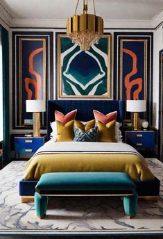 a bedroom with blue, yellow and orange decor