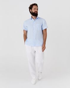 This classic short-sleeved linen shirt VERBIER in sky blue is made from lightweight linen and comes with short sleeves, cuffed hems, and white river shell buttons. It includes one chest pocket and side vents, adding a touch of style to the design. Details: * Regular fit * Shirt-style collar * Short sleeves * White shell button closure * Features one chest pocket * Includes slits on the sides * Centre back length: 30" (76cm) * The model is wearing a sky blue color shirt in size L (Paired with white pants PALERMO in size XL https://etsy.me/3QXOaXF) and is 6'1" (186 cm) tall. Model measurements: Bust: 41"/104cm | Waist: 33"/85cm | Hips: 41"/105cm * The model is wearing a white color shirt in size L (Paired with natural melange pants PALERMO in size XL https://etsy.me/3QXOaXF) and is 6'1" (186 Blue Colour Shirt, Mens Linen Outfits, Blue Linen Shirt, Short Sleeve Linen Shirt, White River, Button Up Shirt Mens, Mens Linen, Shell Buttons, Summer Clothing