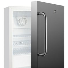 an empty refrigerator with its door open next to it