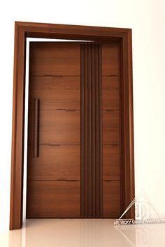 an open wooden door on a white background with reflection in the floor and wall behind it