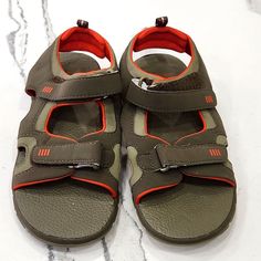 Lands End Boys Leather Adjustable Sandals With Ag Ion Nature's Antimicrobial Brand New With Tags - Army Green And Orange Accent. Boys Sandals, Water Sandals, Orange Accents, Sandals Flip Flops, Big Boy, Big Boys, Lands End, Green Orange, Green And Orange