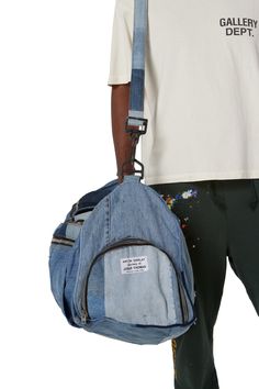 Denim Streetwear Bags With Pockets, Streetwear Denim Bags With Pockets, Denim Bags With Pockets For Streetwear, Blue Bags With Zipper Closure For Streetwear, Upcycled Denim Travel Bag, Denim Travel Bag With Upcycled Material, Denim Standard Backpack With Zipper Closure, Denim Backpack With Zipper Closure, Vintage Upcycled Denim Bag