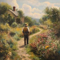 a painting of a man walking down a dirt road with flowers on both sides and a house in the background