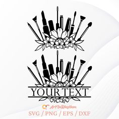 the logo for your text is shown with brushes and flowers in black on a white background