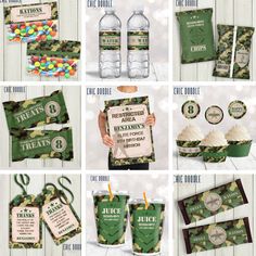 an army themed birthday party with green and white decorations, cupcakes, candy bar wrappers, water bottle labels, and more