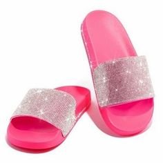 Martina Slides- Pink - Atlanta Shoe Studio Pink Rhinestone Round Toe Sandals, Trendy Pink Platform Slides, Pink Open Toe Platform Slides, Pink Platform Open Toe Slides, Pink Rhinestone Sandals For Summer, Trendy Pink Sandals With Rhinestones, Pink Open Toe Sandals With Rhinestones, Trendy Pink Open Toe Slides, Pink Slip-on Platform Slides