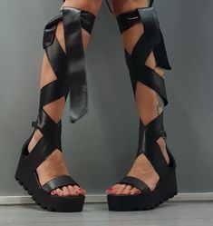 Extravagant Platform Black Sandals, Knee High Sandals, Leather Sandals, Gladiator Sandals, Steampunk Shoes, Strappy Sandals, Gothic Sandals ❤️ Extravagant designs and high quality fabrics! ❤️ Material and Care Genuine Leather Clean with a soft cloth and cold water ❤️ Shipping ✈ Ready to ship The time I need to prepare an order for shipping varies. For details, see individual items. Priority shipping is used for all our packages: STANDARD SHIPPING * Shipping to USA & Canada - 10-20 business d Punk Ankle Strap Heels For Summer, Summer Punk Ankle Strap Heels, Punk Style Round Toe Summer Heels, Punk High Heel Sandals For Spring, Edgy Wedge Sandals With Round Toe For Summer, Punk Style Open Toe Sandals For Summer, Punk Style Round Toe Party Sandals, Edgy Summer Wedge Sandals With Round Toe, Edgy Open-toe Wedge Sandals For Spring