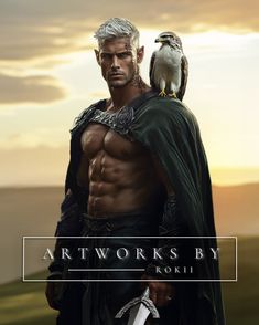 a man in armor holding a falcon on his shoulder with the words art works by rokii