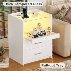 an image of a white table with drawers and items on it that are labeled trick tempered glass