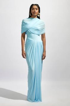 Buy Blue Net Solid High Neck Draped And Pleated Maxi Dress For Women by Deme by Gabriella Online at Aza Fashions. Baby Blue Maxi Dress, Pleated Drapes, Blue Maxi Dress, Draped Top, Lingerie Outfits, Blue Maxi, Pleated Maxi Dress, Pleated Maxi, Dresses By Length