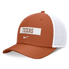 Support your Texas Longhorns with this 2024 Sideline Trucker Adjustable Hat from Nike. This Texas Longhorns trucker hat features embroidered team lettering across the crown, making it the perfect way to show your team spirit.  The mesh mid and rear panels provide breathability, while the solid front panels with eyelets offer a classic look. Collegiate Hats With Logo Patch For Game Day, Game Day Trucker Hat With Embroidered Logo, Collegiate Adjustable Trucker Hat, Collegiate Style Adjustable Trucker Hat, Adjustable Collegiate Trucker Hat, Flat Brim Trucker Hat For Fan Gear, Game Day Cap With Logo Patch, Collegiate Trucker Hat For Sports Events With Curved Bill, Collegiate Trucker Hat For Sports Events