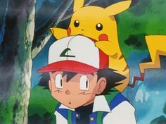 two pokemon characters standing next to each other in front of some trees and bushes, with one pikachu on his shoulder