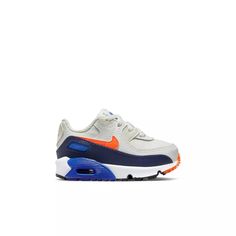 Nike Air Max 90 "Back To Cool" Toddler Boys\' Shoe in WHITE/ORANGE/NAVY Boy Tennis Shoes, Boy Nike Shoes, Tennis Shoes Nike, Nike Shoes For Boys, Boys Tennis Shoes, Nike Tennis Shoes, Toddler Boy Shoes, Boys Fashion