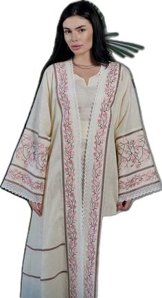 Wedding Kimono With Floral Embroidery, Spring Wedding Kaftan With Intricate Embroidery, Spring Beige Long Sleeve Abaya, Wedding Abaya With Floral Embroidery, Pink Embroidered Wedding Abaya, Spring Wedding Kimono With Floral Embroidery, Spring Wedding Embroidered Kimono, Traditional Shawl Kimono For Spring, Traditional Spring Kimono Shawl