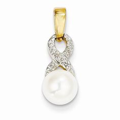 Metal: 14k Yellow GoldLength:19 mmWidth:8 mmGemstones: Diamond, PearlDiamond Weight: 0.01 CTFinish: Polished, Open back, DiamondFree U.S. Shipping for orders over $99 Protected by our 30-Day Risk Free Returns! Pearl Diamond Pendant, Pretty Pendant, Pearl Types, Pearl Diamond, Gold Charm, Diamond Stone, Cultured Pearls, Pearl Pendant, Diamond Pendant