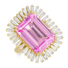 18KT Yellow Gold Pink Topaz Baguette Diamond Luxe Fauna Ring Luxury Rings With Baguette Cut Gemstone Accents, Luxury Rings With Rectangular Center Stone, Luxury Rings With Center Stone And Rectangular Shape, Core Design, Colored Stones, Pink Sparkle, Pink Topaz, Jewelry Inspo, Baguette Diamond