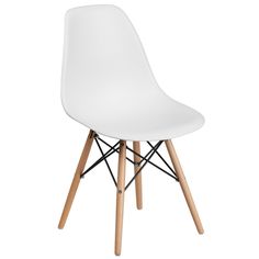 a white plastic chair with wooden legs