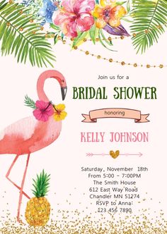 a pink flamingo and pineapple themed bridal shower is featured in the background