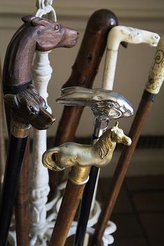 three different types of animal shaped handles on canes in a room with wood flooring