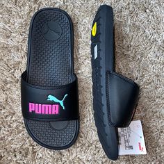 Nwt Women’s Cool Cat Puma Slides Color: Black/ Luminous Pink Open Toe Logo Detail Slip-On Synthetic Upper And Sole Puma Shoes Women, Puma Slides, Spring Shoes Women, Puma Shoes, Pumas Shoes, Women Sandals, Spring Shoes, Shoes Women, Cool Cats