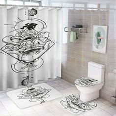 a bathroom with a shower curtain, toilet and rugs in black and white colors