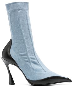 light blue cotton denim side zip fastening high sculpted heel leather trim strap detailing pointed toe leather and rubber sole Farfetch Shoes, Tv Fashion, Denim Boots, Chanel 2, Iconic Bags, Fashion Tv, Boot Bag, Flat Boots, Exclusive Fashion