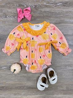 Pumpkin Love Pink & Orange Baby Romper - Sydney So Sweet Playful Long Sleeve Bubble Romper, Cute Long Sleeve Onesie, Spring Playtime Long Sleeve Bubble Romper, Spring Playtime Bubble Romper With Long Sleeves, Cute Long Sleeve Bubble Romper For Spring, Spring Long Sleeve Bubble Romper For Playtime, Cute Pink Long Sleeve Onesie, Fitted Long Sleeve Onesie For Fall, Cute Fitted Long Sleeve Bubble Romper