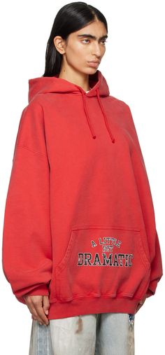 French terry hoodie. · Drawstring and embroidered logo at hood · Text bonded at kangaroo pocket · Rib knit hem and cuffs · Dropped shoulders Supplier color: Red Red Hoodie With Drawstring Hood And Relaxed Fit, Oversized Red Hoodie With Ribbed Cuffs, Red Hoodie With Ribbed Cuffs, Oversized Red Hoodie With Drawstring, Red Drawstring Hood Sweatshirt, French Terry Hoodie, Red Hoodie, Drawstring Hoodie, Drop Shoulder