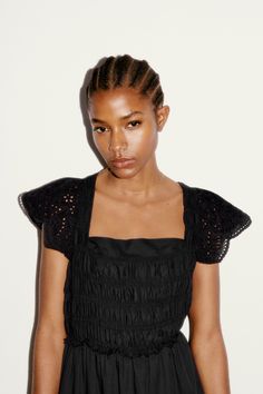 OPENWORK EMBROIDERED DRESS - Black | ZARA United States Summer Tops With Straight Neckline For Night Out, Summer Tops For Night Out With Straight Neckline, Summer Evening Tops With Straight Neckline, Black Summer Top With Straight Neckline, Square Neck Top For Summer Evenings, Wide Jumpsuit, Silk Bralette, Jumpsuit With Belt, Cutwork Embroidery