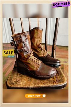 Men's Original Design Leather Hihg Boots Rugged Outdoor Martin Boots With Snip Toe, Military Style Leather Boots For Outdoor, Vintage Work Boots With Goodyear Welt Construction For Fall, Vintage Brown Martin Boots For Outdoor, Fall Moto Boots For Outdoor Work With Round Toe, Military Leather Boots For Winter, Leather Military Boots For Winter, Brown Steel Toe Combat Boots For Fall, Rugged Steel Toe Martin Boots For Fall