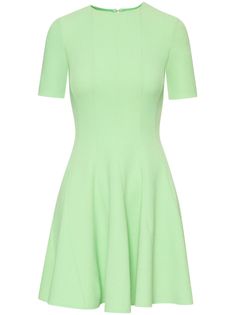 light green cashmere blend round neck short sleeves pleated skirt concealed rear zip fastening thigh-length Green Pleated Stretch Dress, Green Stretch Pleated Dress, Short Sleeve Stretch Midi Dress, Fitted A-line Short Sleeve Dress For Spring, Stretch Elastane Midi Dress With Short Sleeves, Green Pleated Knee-length Mini Dress, Fitted Green Cap Sleeve Dress, Fitted Crew Neck Mini Dress For Work, Spring Stretch Mini Dress With Cap Sleeves