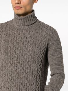 roll-neck Aran-knit jumper from DRUMOHR featuring ash grey, lambs wool, Aran knit, roll neck, long sleeves, ribbed cuffs and hem and straight hem. This item is in size 54 and the color is Wool Turtleneck With Knit Fabrication For Winter, Winter Wool Turtleneck With Knit Fabrication, Wool Knit Turtleneck For Winter, Winter Wool Knit Turtleneck, Classic Textured Knit Turtleneck For Winter, Wool Turtleneck With Ribbed Collar For Winter, Winter Wool Textured Knit Turtleneck, Winter Textured Wool Turtleneck, Cozy Wool Turtleneck With Ribbed Cuffs