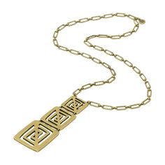 The Hera Necklace is a statement necklace crafted in our signature antique brass finish featuring a 3 piece square centerpiece on an elongated link chain. Antique Brass Hook and Eye Closure Pendant component measures approximately 3" Chain measures approximately 18" in length Metal Necklace With Large Square Pendant, Elegant Rectangular Brass Necklace, Rectangular Metal Necklace With Adjustable Chain, Oxidized Metal Jewelry With Rectangular Links, Gold-tone Brass Rectangular Jewelry, Rectangular Brass Jewelry In Gold-tone, Rectangular Gold-tone Brass Jewelry, Rectangular Gold-tone Metal Jewelry, Metal Necklaces With Rectangular Links