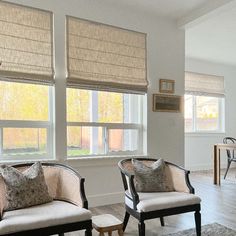 two chairs and a table in a living room with windows covered in roman blind shades