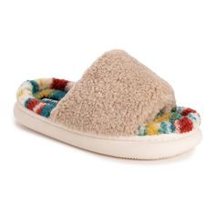 Introducing MUK LUKS Marsai Slide Slipper- your ticket to cozy paradise. Slip into these tan colored wonders featuring a whimsical printed insole. With a slide on design and bubble outsole, you'll feel like you're walking on sunshine, and the small platform gives you a nice little boost, courtesy of the memory foam lining. With a warm lining fpr indoor use, these slippers are as comfy as they are cute! Say hello Marsai. Accessories Guide, Color Wonder, Walking On Sunshine, Pink Daisy, Swimsuits For All, Women's Slippers, Faux Fur Collar, Birthday Surprise, Leather Shops