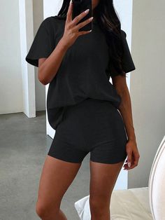 2pcs Women Summer Plain Round Neck Short Sleeve T-Shirt And Shorts Casual Set , 2 Piece Set Black Black Casual    Plain  High Stretch Summer Women Clothing, size features are:Bust: ,Length: ,Sleeve Length: Summer Chill Outfits, Outfits Lazy, Chill Outfits, Sleeveless Cardigan, Shorts Casual, Casual Suit, Casual Sets, T Shirt And Shorts, Inspiration Mode