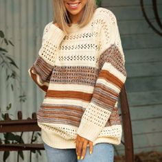 Holy Wow, This Knit Sweater Will Definitely Become The Light Of Your Life! With A Relaxed Fit, This Knit Sweater Features A Boat Neck And Long Sleeves. This Cream Color Block Stripe Sweater Has An Open Knit Design That Is Easy To Wear On Its Own Or Be Layered Up On Those Cooler Days! Length - 29" Bust - 22" Arm Length - 18 1/2" 100% Acrylic Lots Of Stretch For Search Purposes Only: Boutique Fall Clothes Winter Clothes Mom Style Women Clothes Women's Fashion Women's Layers Boutique Fashion Casual Cream Knitted Acrylic Sweater, Beige Soft Knit Sweater, Soft Knit Beige Sweater, Cream Acrylic Sweater For Fall, Beige Acrylic Cable Knit Sweater, White Knitted Acrylic Sweater, White Knit Sweater For Layering, Cream Open Knit Sweater For Fall, White Cozy Open Knit Top