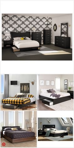 four different pictures show the interior of a bedroom with black furniture and wallpapers