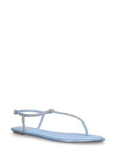 10mm Heel. Satin upper. Adjustable ankle strap with buckle closure. Embellished with micro crystals. Leather insole. Rubber sole Rene Caovilla, Thong Sandals, Ankle Strap, Rubber Sole, Light Blue, Buckle, Satin, Sandals, Crystals