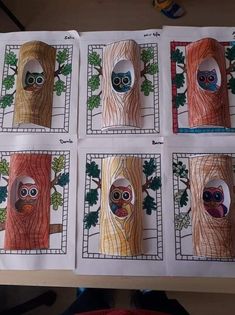 four children's books with pictures of owls and trees on them, all made out of paper