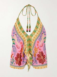 FARM RIO Fruits Queen tie-detailed printed satin halterneck top Multicolor Halter Neck Top For Summer, Vacation Halter Neck Top With Tie Back, Summer Silk Printed Tops, Summer Triangle Top With Tie Back, Sleeveless Silk Beach Top, Fitted Silk Beach Top, Silk Fitted Top For Beach, Sleeveless Silk Tops For Beach, Triangle Top With Tie Back For Summer